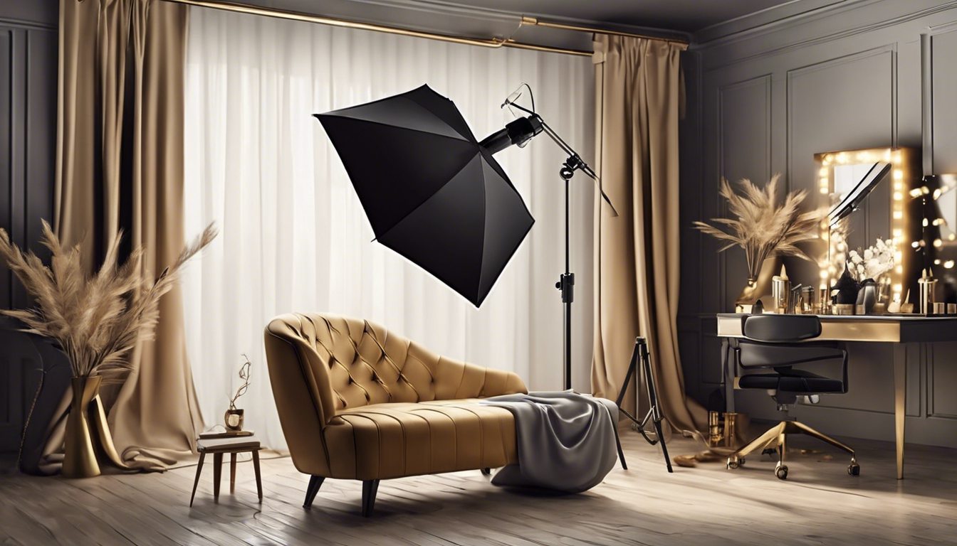 Aberdeen photography studio, Catch a Moment Studio styled corner with softbox light, velvet chaise and vanity mirror